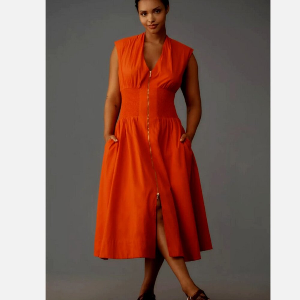 Anthropologie The Tommie Zip-Front Midi Shirt Dress L NWT Red Orange Large - Picture 4 of 8